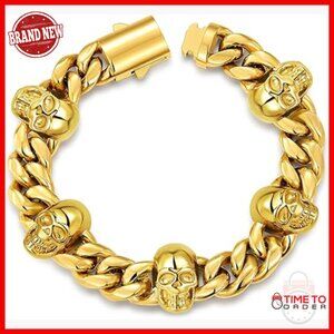Men's 8IN Stainless Steel Gold Filled Skull Cuban Link Bracelet Secure Clasp